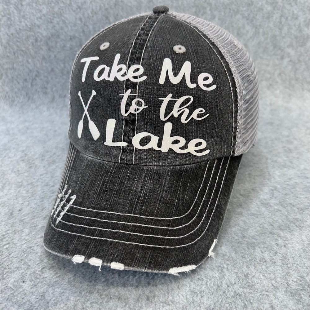 Take Me to the Lake Mens Gray Unbranded Trucker Hat Distressed Denim OS
